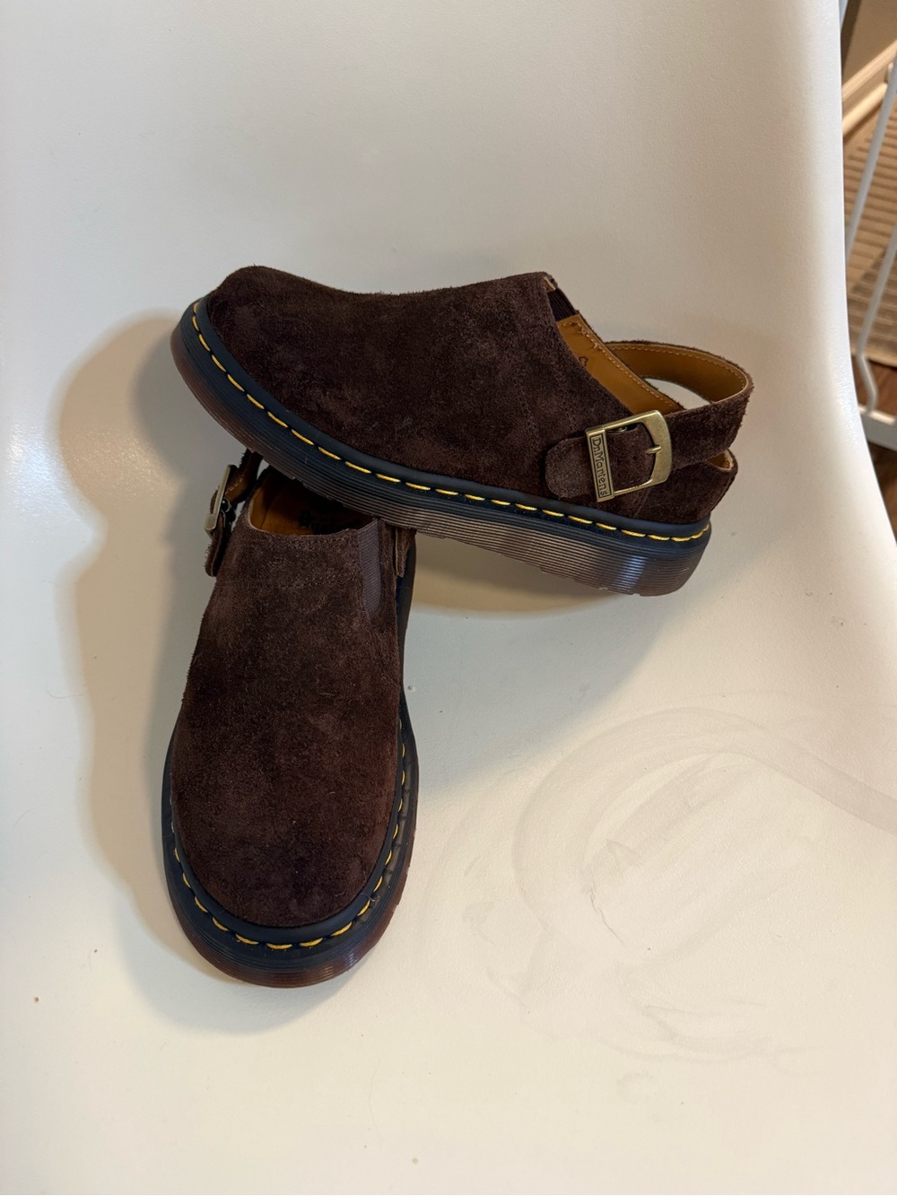 Dr. Martens ISHAM Brown Suede Slingback Clogs Yellow Stitching New size 6/UK4/37
